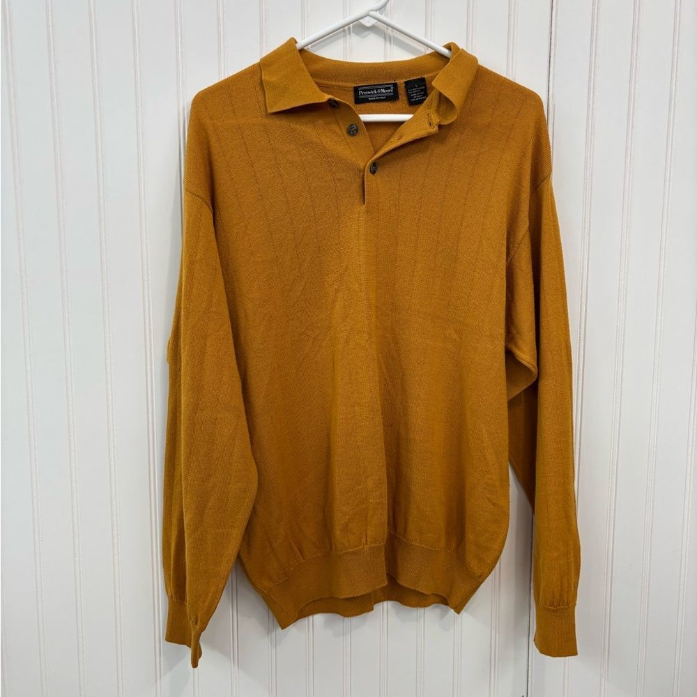 Preswick & Moore Men's Mustard ribbed wool blend quarter button Sweater